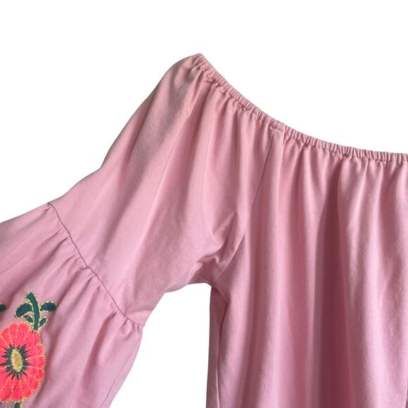 Umgee Women Top L Pink 3/4 Flower Embroidery Tassel Bell Sleeve Boho Tropical - Picture 4 of 7